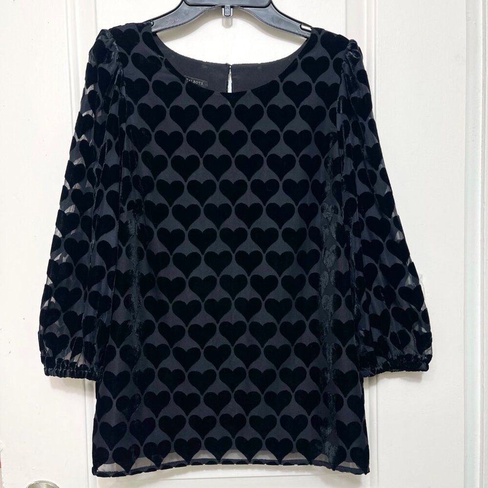 Talbots Heart Print Velvet Blouson Top in Black Size Mp - Picture 4 of 13